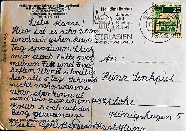 Ein Postkarte, die Karl-Heinz Senkpiel-Tügel 1970 an die Eltern in Ostwestfalen schrieb.