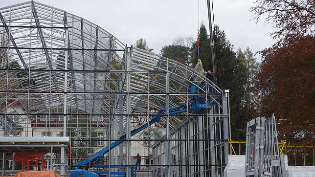 Das Pflanzenhaus ist als höhengestaffelte Bogenanlage im Stil einer Basilika konzipiert. Hier wird gerade eine Scheibe an der Dachfläche ...