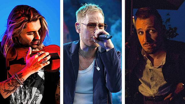 Bei den Sommerkonzerten 2024 in Konstanz werden (von links) Geiger David Garrett, Musiker Peter Fox und Rapper Alligatoah auf der Bühne ...