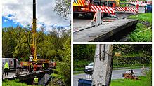 Bild : An der B313 schweben schon erste Brückenteile per Kran weg: Der Abriss beim Rißtorf-Kreisel kommt zügig voran