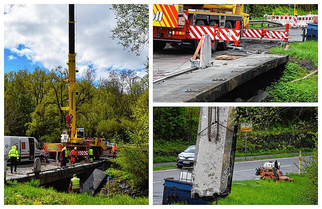 Bild 1: An der B313 schweben schon erste Brückenteile per Kran weg: Der Abriss beim Rißtorf-Kreisel kommt zügig voran