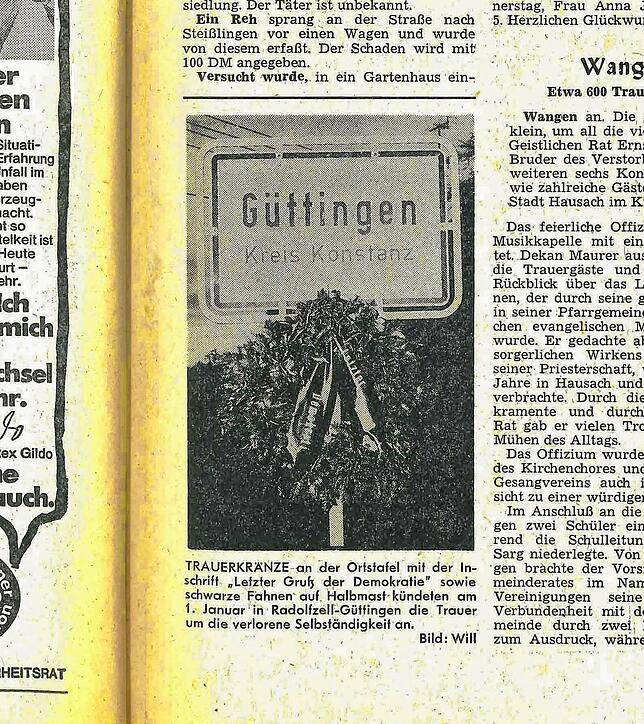 Mit Trauerkränzen zeigte Güttingen am 1. Januar 1975 seine Unzufriedenheit über die Eingemeindung.