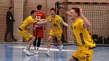 Jubel bei der HSG nach dem Triumph gegen Lübeck-Schwartau. In der Mitte ist Siegtorschütze Aron Czakó zu sehen, links Lars Michelberger, ...