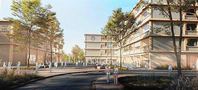 Hier stellen die Architekten für die weiterführende Verbundschule im Hafner links die Sporthalle und rechts die Schulgebäude dar, mit ...