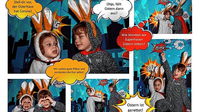 Selbstgemachter Ostercomic mit zwei Super-Osterhasen.