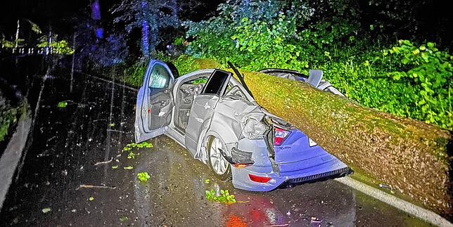 Durch den Aufprall des tonnenschweren Baums wurde die Fahrgastzelle des Autos eingedrückt.