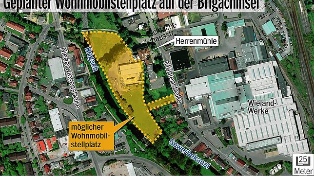 In dem gelb hinterlegen Bereich ist der Wohnmobilstellplatz der Stadt geplant. Ein Bebauungsplan wurde inzwischen auf den Weg gebracht. ...