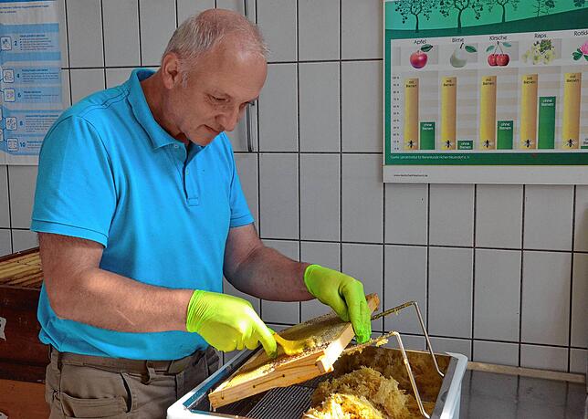 Hier werden die Waben entdeckelt. Harald Gretscher öffnet vorsichtig die Rahmen mit den Waben.