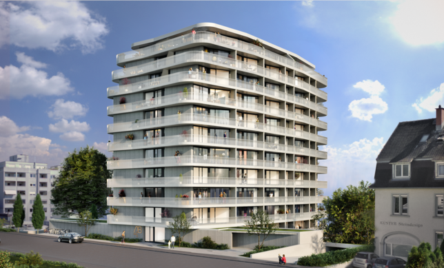 So soll das zehnstöckige Hochhaus Am Briel 53/57 einmal aussehen, wie die Visualisierungen von Girardelli Immobilien zeigen.