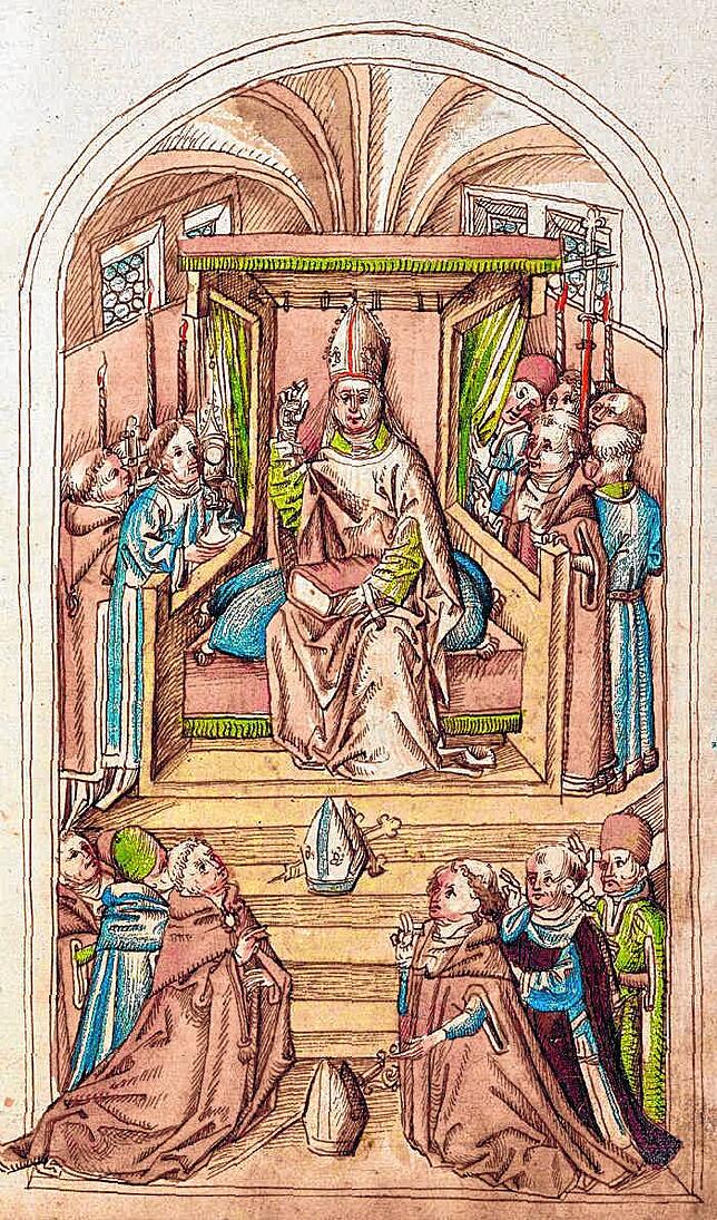 (Archivbild) Ein Höhepunkt: Oddo Colonna wird bei der einzigen Papstwahl in Deutschland zu Martin V. gewählt, die Kardinäle und die ...