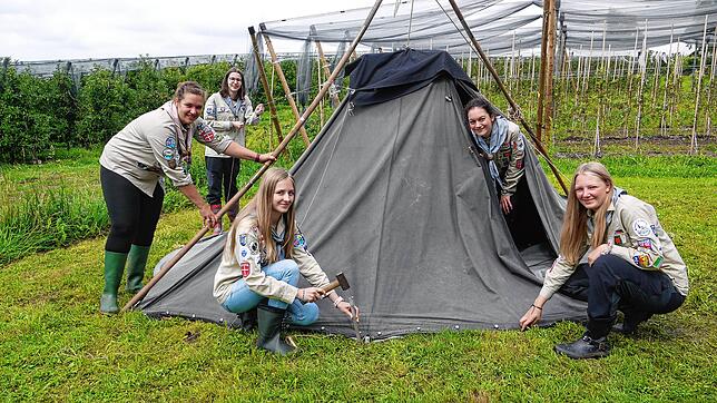 Fünf Leiterinnen des Pfadfindercamps bauen auf dem Naturcampingplatz Gehrenberg die Zelte auf (von links): Isabell Scheutwinkel, Lea ...