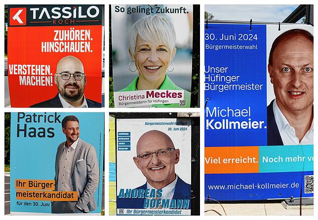 Plakate der Hüfinger Bürgermeister-Kandidaten sind überall in der Stadt zu entdecken. Die Bewerber haben sie selbst aufgehängt.