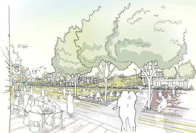 Kleine Quartiersplätze mit Cafés und Freiraum sollen den neuen Stadtteil Hafner auflockern.