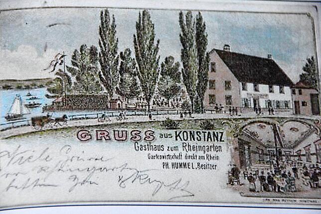 Die Postkarte aus dem Jahr 1904 zeigt das Gasthaus Rheingarten am Seerhein.