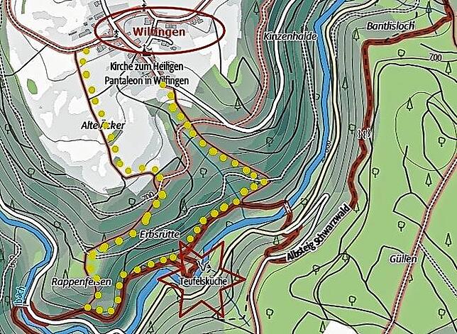 Gelb markiert hat Wanderführer Thomas Sell vom Schwarzwaldverein Görwihl die Route von Wilflingen zur Teufelsküche. Die roten Linien auf ...