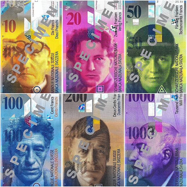 Die Scheine der zurückgerufenen, achten Banknotenserie der Schweizerischen Nationalbank (von links oben): Die 10-Franken-Note zeigt den ...