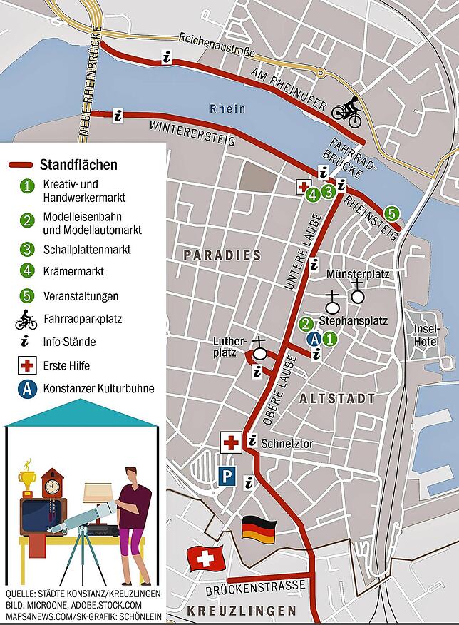 Die Karte zeigt die Standflächen des Flohmarkts und weitere nützliche Infos. Auch die Sondermärkte sind gekennzeichnet.