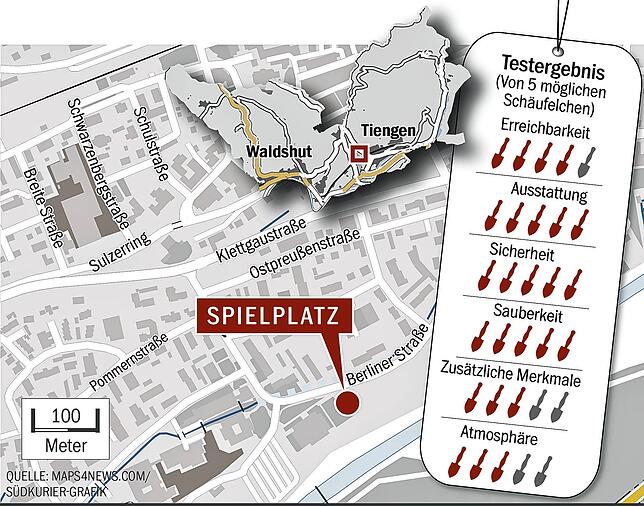 Bild 4: Spielplatz-Check: Neben der Stadthalle Tiengen kommen die Tester nicht mehr aus dem Staunen heraus