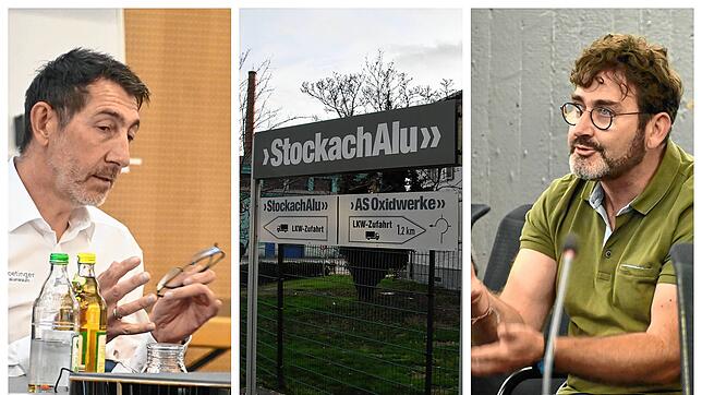 Ralph Bösch (Oettinger Aluminium Gruppe) und Karsten Borneck (StockachAlu) sprechen im Ausschuss über Pläne und beantworten Fragen.