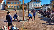 Ritsche-ratsche fährt die Säge durch den Baum. Um kurz nach 14 Uhr stürzte das Narrensymbol auf den Marktplatz.