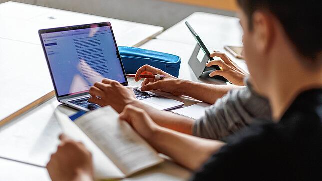 Schüler eines Gymnasiums in Karlsruhe sitzen vor einem Computer und benutzen ein KI-Tool.