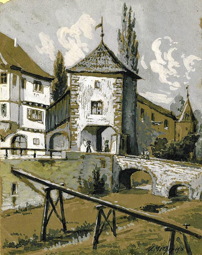 Das innere Wiestor mit der Brücke über den Graben. Der Magistrat ließ es 1843 abreißen.
