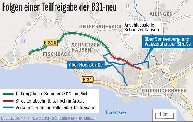 Bild 1: Entlastung hier, Verkehrschaos da? Bürgerinitiative will Teilfreigabe der B 31-neu verhindern