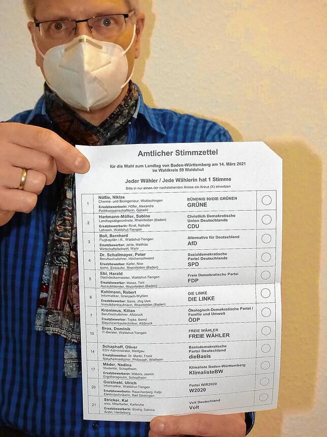 Ordnungsamtsleiter Markus Haag zeigt den amtlichen Stimmzettel der Landtagswahl 2020 für den Wahlkreis Waldshut
