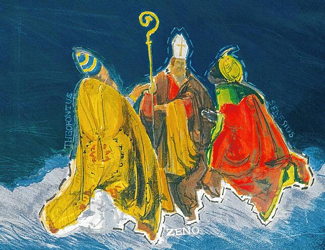 Die drei Radolfzeller Hausherren auf der Postkarte der Druckerei Zabel, gezeichnet von Christian Dierks (von links): Theopont, Zeno und ...
