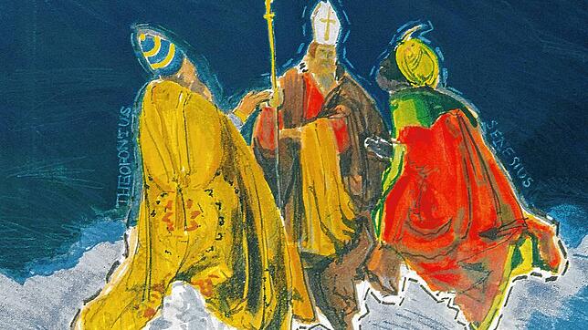Die drei Radolfzeller Hausherren auf der Postkarte der Druckerei Zabel, gezeichnet von Christian Dierks (von links): Theopont, Zeno und ...