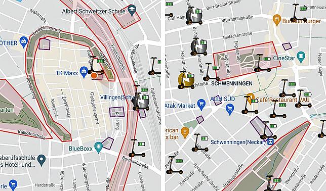 Diese Screenshots aus der Zeus-App zeigen die Verteilung der Roller im Zentrum von Villingen (links) und Schwenningen (rechts), am 15. ...
