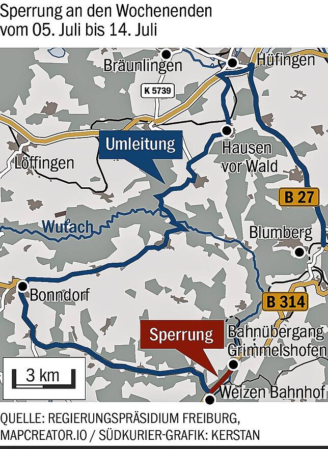 An sieben Wochenenden wird die B 314 im Bereich Stühlingen saniert. An den Wochenenden vom Freitag, 5. Juli, bis Sonntag, 14. Juli, ist ...