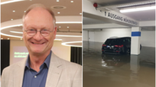 Links: Wetterexperte Sven Plöger im Überlinger Pfarrzentrum, rechts: ein Auto im überfluteten Parkhaus Post in Überlingen.