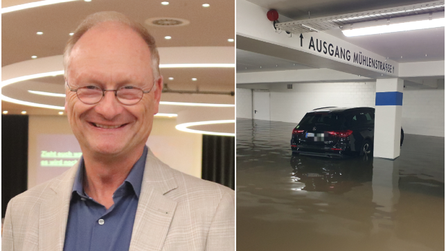 Links: Wetterexperte Sven Plöger im Überlinger Pfarrzentrum, rechts: ein Auto im überfluteten Parkhaus Post in Überlingen.