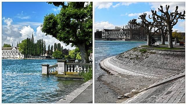 Der Blick von der Konstanzer Seestraße auf das Inselhotel könnte unterschiedlicher nicht sein. Während das Wasser im Sommer 2024 fast ...