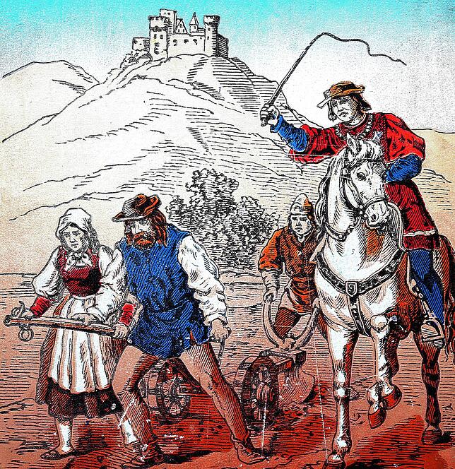 Der kolorierte Kupferstich zeigt die Lage der Bauern aus der Perspektive des 19. Jahrhunderts, in dem er entstand. Ein Adeliger zu Pferd ...