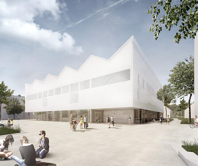 Fotorealistischer Entwurf der neuen Sporthalle, die auf dem Schulcampus in Überlingen gebaut wird.