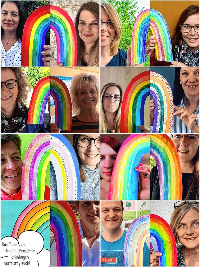 Eine Regenbogenaktion der Schüler und Lehrer, jeweils getrennt gemalt und fotografiert, wird zur gemeinsamen Aktion in der ...