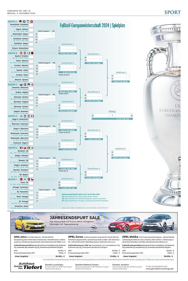 EM 2024: Der Spielplan zum Ausdrucken EM 2024: Der Spielplan zum Ausdrucken