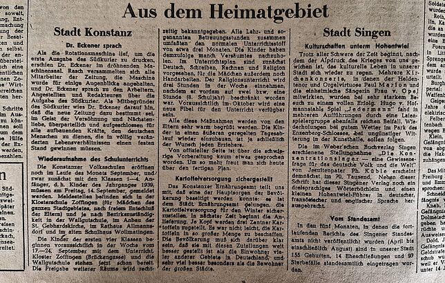 Unter dem Titel „Aus dem Heimatgebiet“ sind am 12. September 1945 die ersten Lokalnachrichten aus Singen veröffentlicht worden.