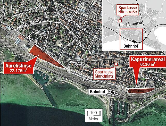 Die Standorte der bisherigen Sparkassenfilialen und der diskutierten Areale für einen Neubau.