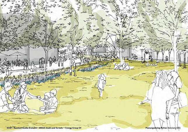 Die Visualisierung zeigt den Stadtteil Hafner mit viel Grün- und Freifläche. Mitglieder einer Initiative fürchten, dass ein Teil der ...