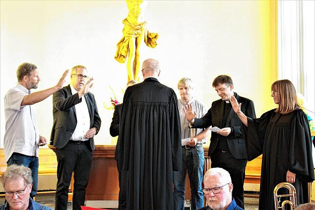 Kay Schubert von der Freien Christengemeinde Stockach, Andreas Sturm, Seelsorger der Alt-Katholiken, Stephan Strittmatter, Vorsteher der ...