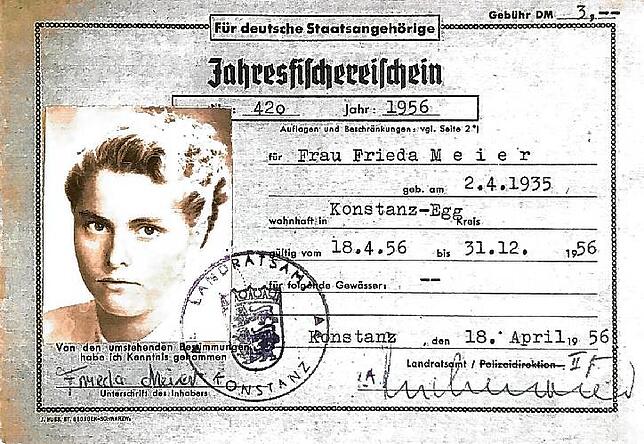 Schwarz auf weiß: Der Fischerschein von Frieda Meier, damals noch Frieda Messmer, aus dem Jahr 1956.