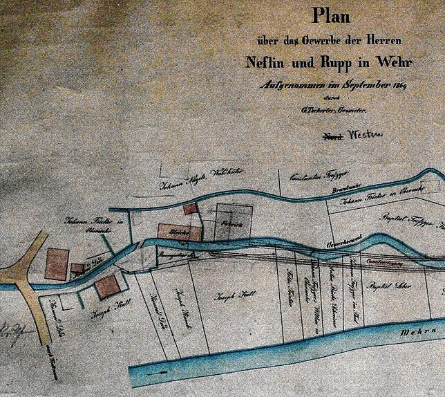 Detail des Plans vom September 1869 zum Bau der Weberei Neflin & Rupp: Der Kanal musste zum Betrieb einer Turbine begradigt werden. Das ...