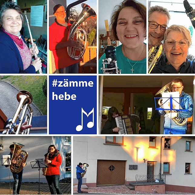Die Flashmob-Collage der Stadtmusik Bonndorf in voller Größe. Dort sind zu sehen: Doris Bernhart, Clemens Büche, Monika Preiser, ...