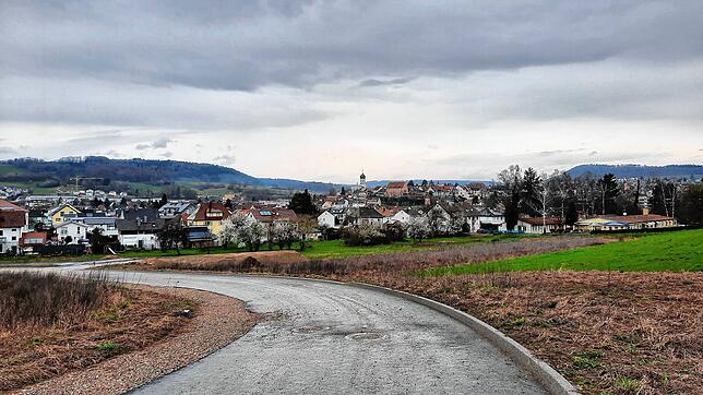 Der Blick vom Neubaugebiet Kapellenäcker in Richtung Stadt. Wo jetzt rechts Wiese ist, sollen später Mehrfamilienhäuser stehen.