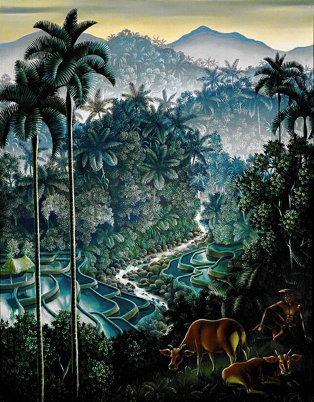 Walter Spies: „Riverscape With Herdsman And Cows“ (1938), Flusslandschaft mit Hirte und Kühen.