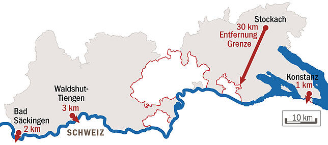 Die Grafik zeigt das deutsch-schweizerische Grenzgebiet und die Entfernungen bestimmter Innenstädte zur Grenze.
