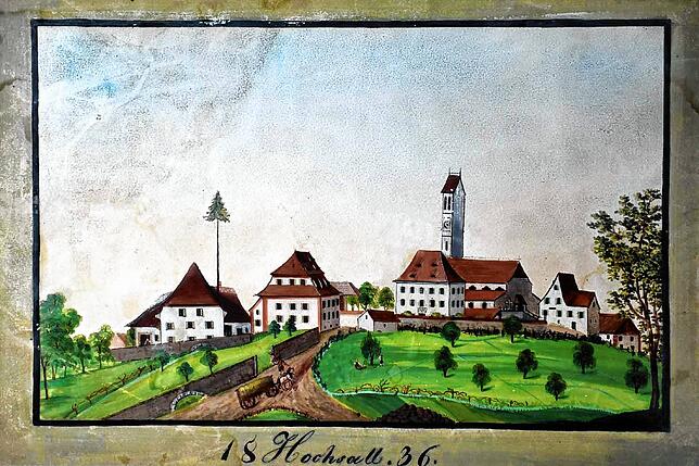 Ansicht von Hochsal 1836. Wahrscheinlich im Jahr davor kam in dem Dorf Peter Rüde zur Welt, der 1871 in die USA auswanderte.
